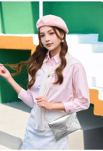 Chic pink and white striped shirt with silver faux croc chain bag for spring outfits