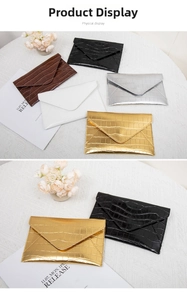 Detail view of crocodile embossed envelope clutch bags in gold, silver, black, and brown
