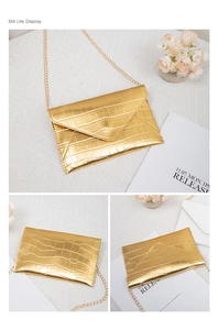 Detailed views of a gold envelope clutch bag featuring crocodile texture and chain strap