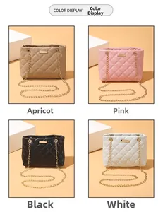 Multiple color options of quilted mini chain bags in apricot, pink, black, and white