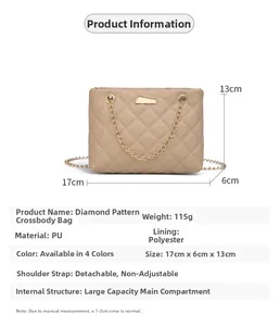 Detailed size chart for the beige quilted PU leather crossbody bag with chain strap
