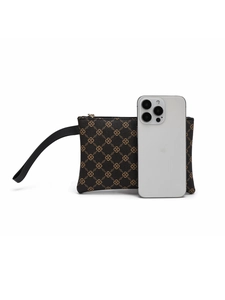 Brown clutch bag with geometric pattern next to a phone for size comparison