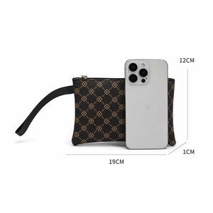 Brown monogram printed wristlet bag for women with gold zipper and 19cm size reference