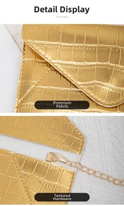 Close-up of golden crocodile pattern leather texture and metallic chain hardware