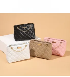 Quilted leather chain bags in black, white, khaki, and pink with gold metal hardware