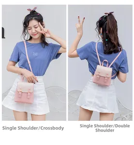 Contrast color mini backpack showing crossbody and dual shoulder strap carrying modes