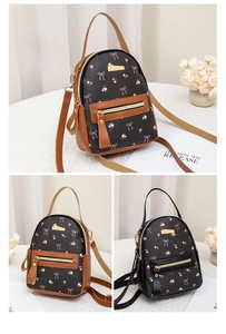 Detail view of mini backpack featuring pink bow floral prints and gold hardware
