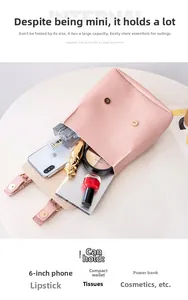 Pink mini crossbody bag interior showing storage for phone, cosmetics and wallet