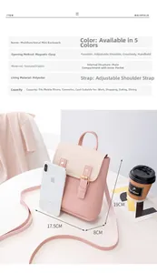 Detail view of pink and beige mini backpack showing dimensions and magnetic closure