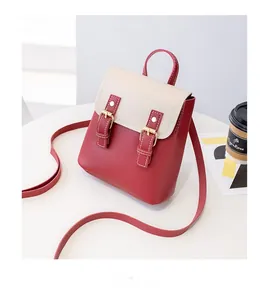 Macro shot of two-tone leather mini bag with golden buckles and top handle