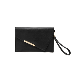 Minimalist black envelope clutch bag with pebble leather texture and gold metal bar detail
