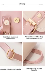 Detailed views of magnetic buckle, golden hardware, and adjustable straps on pink backpack