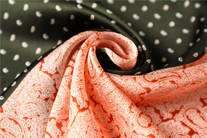 Detail of satin scarf showing paisley patterns and polka dots on silk texture
