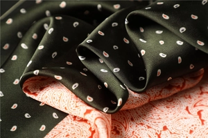Detail of double-sided paisley scarf in olive green and orange silk texture