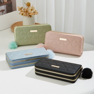 Quilted Rhombus Long Wallet PU Leather Multi Zipper Wristlet Clutch Purse With Fur Ball Pendant Large Capacity For Women