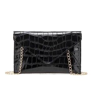 Glossy black envelope clutch bag with crocodile pattern and gold chain strap