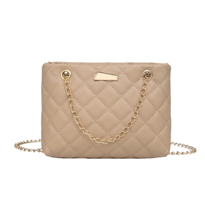 Elegant beige quilted chain shoulder bag with gold metal hardware and luxury finish