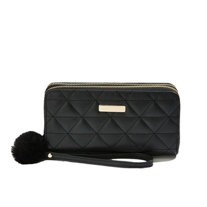 Black quilted long wallet with double zippers, triangle pattern and plush pompom charm