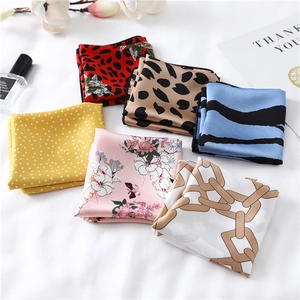 Set of 6 assorted silk-like square scarves with leopard and floral prints for women