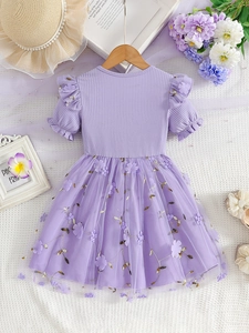 Abito viola per bambine con maniche in maglia e gonna in tulle con fiori ricamati