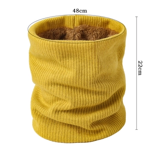 Detail of yellow ribbed knit neck warmer with soft brown fleece lining, 22x48cm size