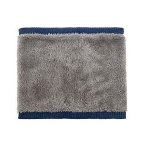 Winter thermal neck warmer with grey plush lining and blue ribbed knit trim details