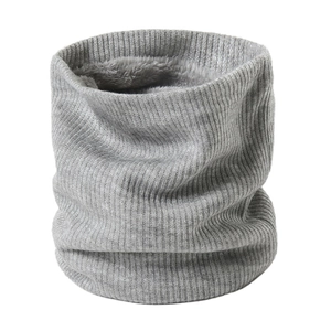 Detail of grey knitted neck warmer with ribbed texture and thick fleece lining