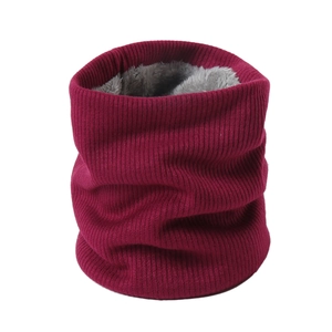 Detail of burgundy ribbed knit neck warmer with soft grey faux fur lining for winter comfort