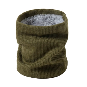 Detail of army green ribbed knit neck warmer with thick soft grey faux fleece lining