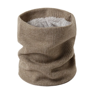 Detail of khaki ribbed knit neck warmer with thick grey fleece lining for winter comfort