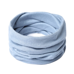 Detailed view of light blue knitted neck warmer showing soft fabric texture and weave