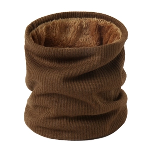 Close-up of brown knitted neck warmer showing ribbed texture and thick faux fleece lining