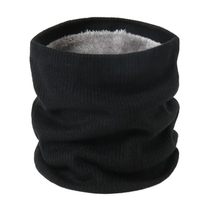 Close-up of black knitted snood with thick grey fleece lining for winter warmth
