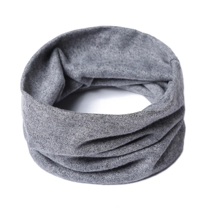 Detailed close-up of dark grey knitted neck warmer showing thick and soft fabric texture