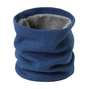 Detail of blue knitted neck warmer with thick grey fleece lining for winter warmth