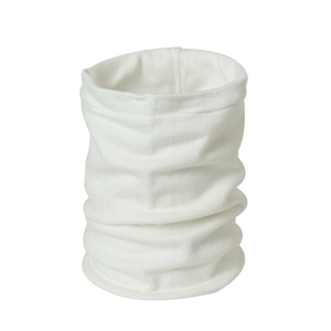 Close-up of white knitted neck warmer showing soft ribbed texture and thermal material