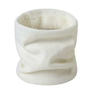 Detail of white ribbed knit neck warmer with soft fleece lining for winter warmth