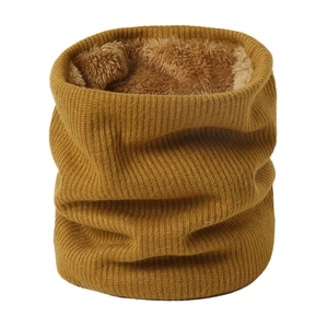 Winter thermal knit neck warmer with thick fleece lining and vertical stripes in ginger yellow