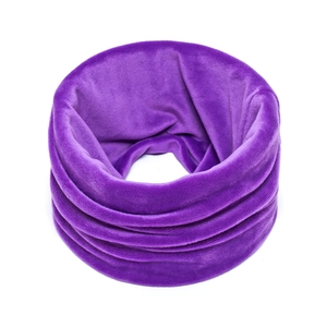 Close-up of purple velvet neck warmer featuring soft fleece texture and gathered folds