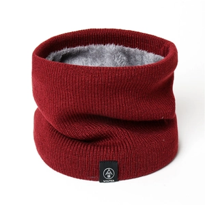 Burgundy winter knitted neck warmer with thick grey fleece lining and winter tag