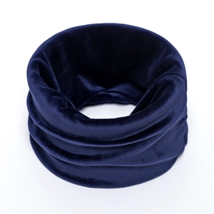 Detail showing the thick double-layered navy blue velvet neck warmer texture