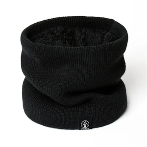 Close-up of winter knit neck warmer with soft fleece lining and branded winter label