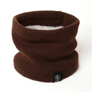 Detailed close-up of brown knit neck warmer with thick gray faux fleece lining and tag