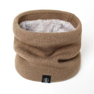 Winter knitted neck warmer in brown with thick grey fleece lining and logo patch