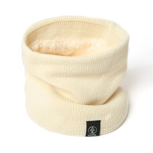 Beige knit winter neck warmer with thick fleece lining and mountain logo patch