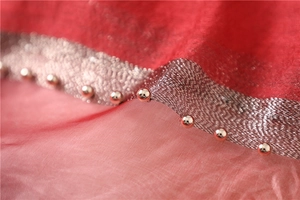 Detailed macro view of red silk scarf with silver glitter border and gold beaded trim