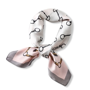 Elegant 70cm silk square scarf with horsebit equestrian print in pink and grey tones