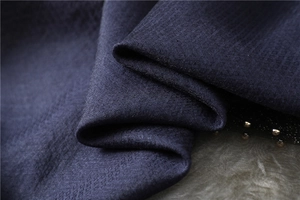 Macro detail of dark blue silk wool scarf showing fine woven texture and beads