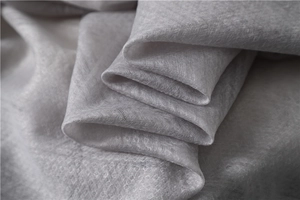 Macro detail of silver-gray silk wool shawl showing premium woven texture and soft drape