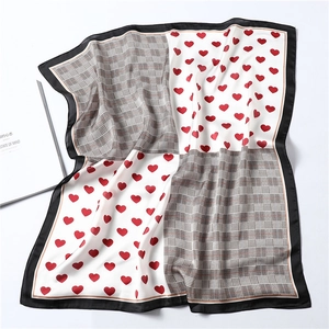 Elegant houndstooth and red heart patterned silk scarf with premium black satin border